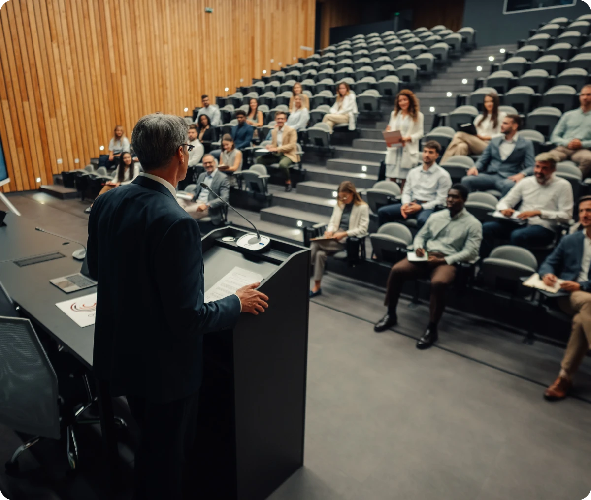 Academic presentation in modern auditorium